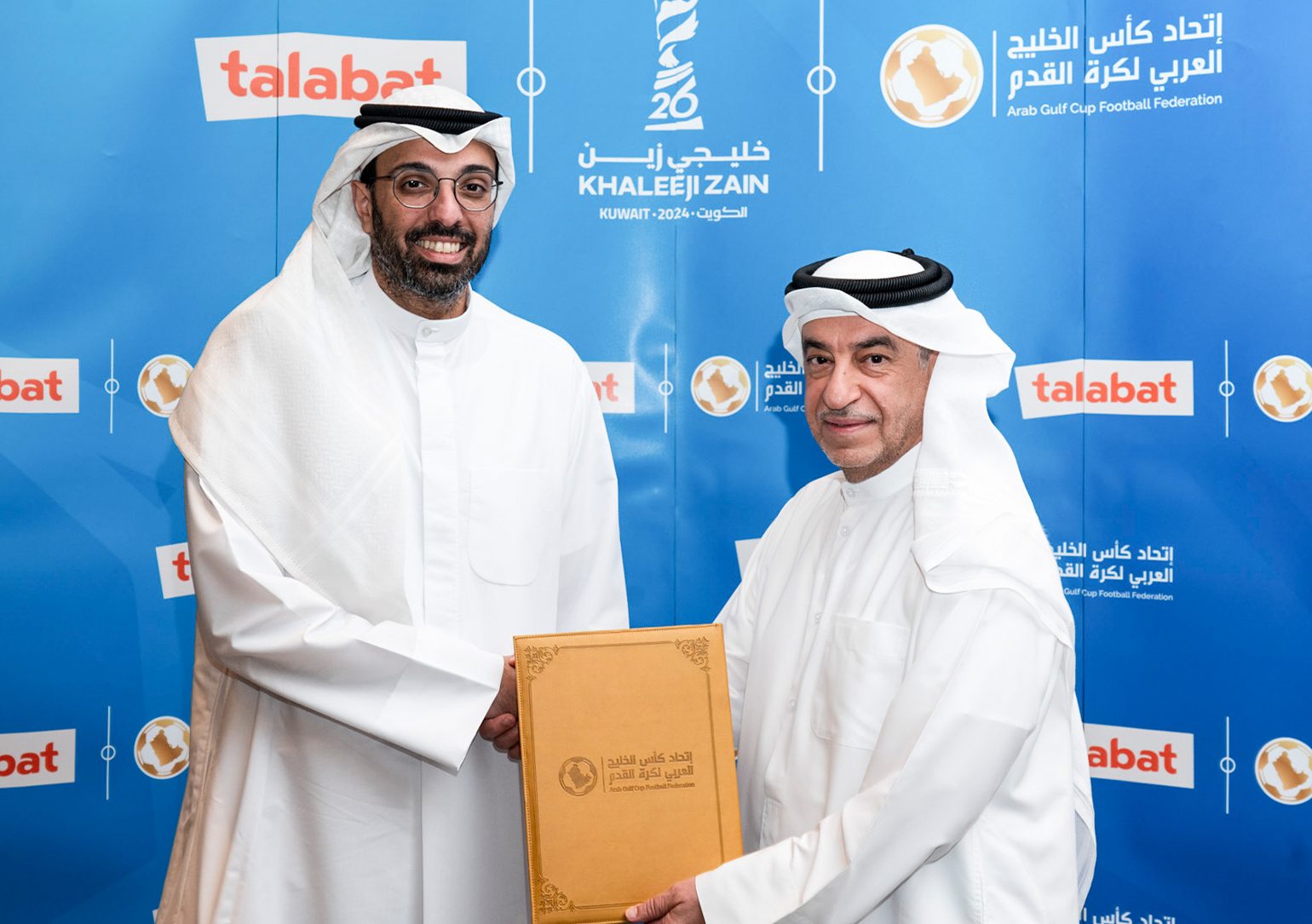 Talabat and Gulf Cup 26 partnership announcement at a branded press event in Kuwait.